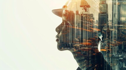 Aufkleber - Future building construction engineering project concept with double exposure graphic design. Building engineer, architect people or construction worker working with modern civil equipment technology.