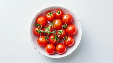 Wall Mural - Fresh ripe cherry tomatoes in bowl on white background, top view