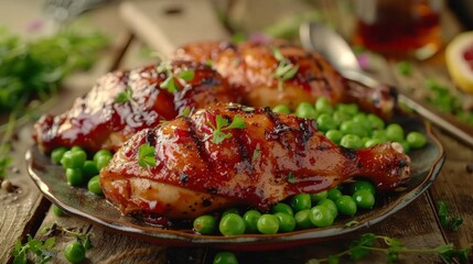 Wall Mural - grilled chickens : grilled quarter chicken garnished with green sweet peas and cutlery plates over wooden table 1920x1080 intro motion slow hidef hd