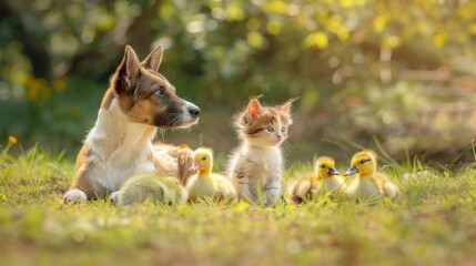 Poster - Group of pets together outdoors in summer. Little kitten, dog and ducklings.
