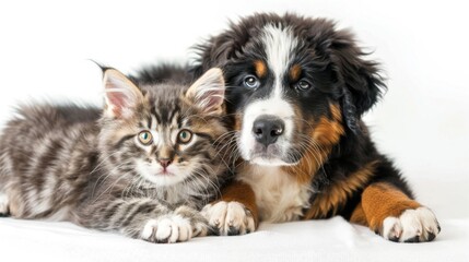 Poster - Happy pets. Adorable Bernese Mountain Dog puppy and gray tabby cat on white background. Banner design