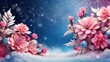 A peaceful image with soft teal background and full bloom pink flowers drifting gently between many petals.  Winter Wonderland Background in Blue and Pink with Snowflakes and Vibrant Flowers for a Mag
