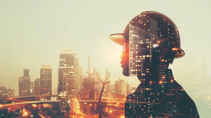 Aufkleber - Infrastructure Construction Building and Engineering Futuristic Concept, Double Exposure of Construction Engineer With Modern Architecture City Skyscraper. Future Building Service and Architect Work
