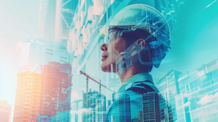 Aufkleber - Infrastructure Construction Building and Engineering Futuristic Concept, Double Exposure of Construction Engineer With Modern Architecture City Skyscraper. Future Building Service and Architect Work