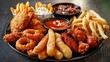 Street food plate with mozzarella sticks, chicken wings, onion rings, french fries and dip