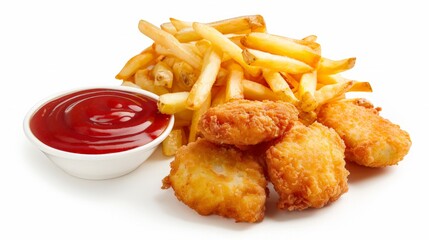 Tasty french fries, chicken nuggets and chips served with ketchup isolated on white