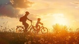 Fototapeta  - Silhouettes family is together at sunset. Girl learning to ride bicycle, mother teach his daughter to ride a bike in the sunset.