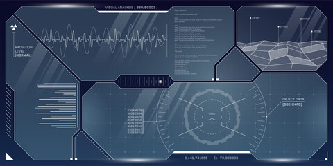Fototapete - VR HUD futuristic control panel. Technology head up display target and UI screen. GUI Digital virtual reality interface cyberspace hi tech visor design. FUI Sci Fi spaceship cockpit dashboard. Vector