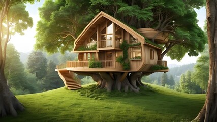 Wall Mural - Wooden Treehouse Nestled in Lush Grass. Nestled inside a verdant forest tree, copied space, is a comfortable wooden tree home.