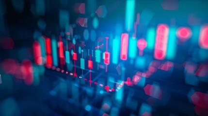 Aufkleber - Technical price graph and indicator, red and green candlestick chart on blue theme screen, market volatility, up and down trend. Stock trading, crypto currency background.