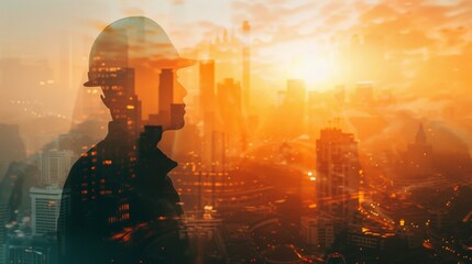 Poster - The double exposure image of the engineer standing during sunrise overlay with cityscape image. The concept of engineering, construction, city life and future.