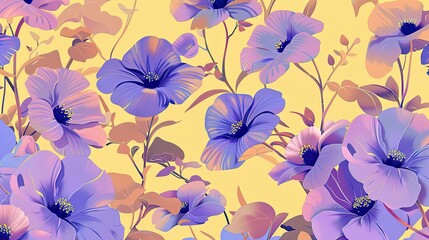  Elegant floral pattern with violet flowers against a sunny yellow background