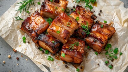 Poster - Top view of crispy pork belly or deep fried pork slice on white baking paper background. Asian Food