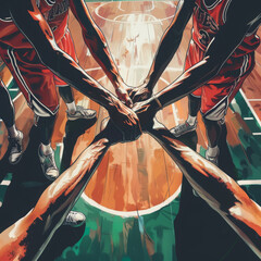 Illustration of a basketball team holding hands on the field to prepare for the match