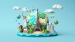 Travel and Tourism: A 3D vector illustration of a globe surrounded by iconic landmarks