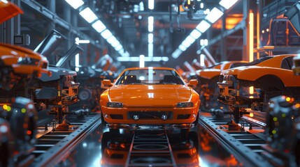 Poster - auto assembly line of cars in a factory. generative ai hyper realistic