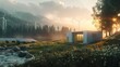 Concept of energy storage system. Renewable energy - photovoltaics, wind turbines and Li-ion battery container in morning fresh nature. 3d rendering. hyper realistic 
