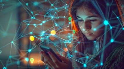 Aufkleber - Young woman immersed in digital networks, exploring virtual reality. Conceptual imagery of modern technology interaction. Cyber-world communication depiction. AI