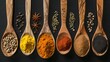 Assorted Spices on Wooden Spoons Laid Out on Dark Background, Kitchen Ingredients Display, Versatile Cooking Spices, Culinary Concept Image. AI
