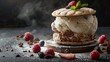 Gourmet ice cream sandwich with raspberries in moody atmosphere for culinary indulgence concept.
