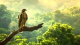 Fototapeta  - Majestic hawk perched on a tree branch amidst lush greenery. A serene wildlife moment captured. Perfect for nature themes and outdoor inspiration. AI