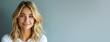 Beautiful smiling young blonde caucasian woman, isolated on neutral background. Close up portrait of face. Horizontal Web Banner Style. Generative AI.
