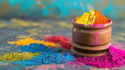 Top view of Colorful Holi powder in bowls on color background with copy space. Holi Celebration.