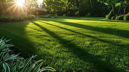 Canvas Print - Sunrise over a serene garden lawn with lush greenery and elongated shadows. Captured in high resolution ideal for design and print. AI