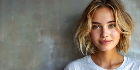 Wall Mural - Beautiful smiling young blonde caucasian woman, isolated on neutral background. Close up portrait of face. Horizontal Web Banner Style. Generative AI.
