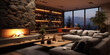 interior of a modern living room with panoramic windows Dark classic interior with a burning fireplace 