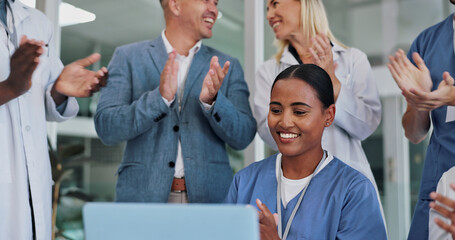 Sticker - Doctor, nurse and clapping for celebration, success and excited news of clinic cancer results, records or progress. Woman, stakeholder and medical staff applause or praise in healthcare announcement