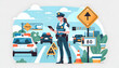Flat Vector Illustration of a Highway Patrol Officer Enforcing Traffic Laws in Realistic Daily Work Environment - Isolated on White Background
