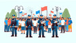 Public Order Maintenance Officers Maintaining Peace at a Large Public Gathering - Flat Vector Illustration in Candid Daily Environment