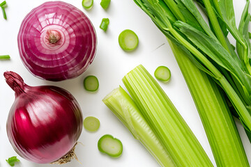 Organic Red Onions and Celery on White Background