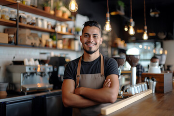 Barista happy smiling in coffee shop business owner concept