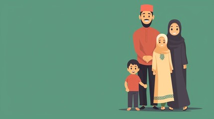 Wall Mural - Ramadan Kareem greeting. Moslem Family cartoon illustration, Muslim Family Design