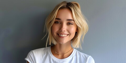 Wall Mural - Beautiful smiling young blonde caucasian woman, isolated on neutral background. Close up portrait of face. Horizontal Web Banner Style. Generative AI.
