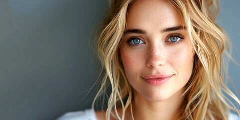 Wall Mural - Beautiful smiling young blonde caucasian woman, isolated on neutral background. Close up portrait of face. Horizontal Web Banner Style. Generative AI.
