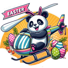 Wall Mural - cute funny easter animal illustrations panda with helicopter