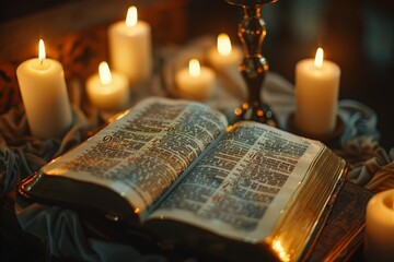 Wall Mural - Spiritual Atmosphere with Bible Open on Church Altar