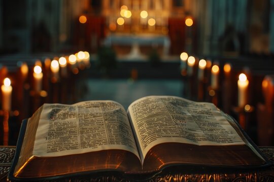 Close-Up of the Bible on Altar with Lit Candles in Holy Church