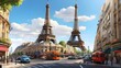 A detailed digital illustration of the Eiffel Tower amidst a bustling city, featuring intricate architectural elements and vibrant street life. The scene should convey the energy and dynamism of Paris