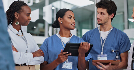 Poster - teamwork, medical people and woman with tablet in meeting for research, planning and support for sol