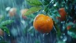 Close-up shot of a fresh orange fruit hanged on tree with water drops dew or rain. Healthy fruit source of vitamin C. Agriculture and harvest concept.