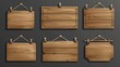 Realistic wooden boards on ropes. Banners or labels for a bar or saloon in rustic style. 3D modern illustration of blank vintage plank panels for menus or pub entrances.