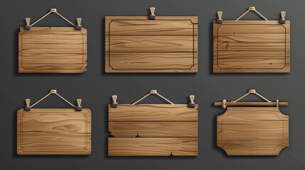 Wall Mural - Realistic wooden boards on ropes. Banners or labels for a bar or saloon in rustic style. 3D modern illustration of blank vintage plank panels for menus or pub entrances.