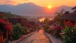 An awe-inspiring view of the iconic Mount Phousi at sunset, with diverse tourists making the climb for panoramic views of Luang Prabang