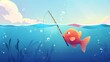 This is a web banner for a fishing cartoon landing page. A cute fish looking on a hook underwater in the sea, catching bait at the surface of the water. A fishing club competition, a game scene, a