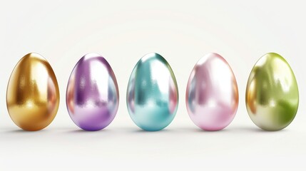 Sticker - A row of colorful Easter eggs arranged in a row on a white background. Painted shiny chicken eggs, holiday decorative design elements, realistic illustration, set of three.