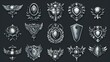 A set of modern trophy achievement graphics and frames for a fantasy game can be used as game level badges, metallic icon sets, empty steel banners with wings, jewels or iron wreaths.